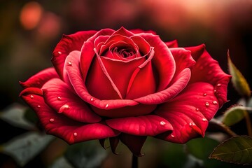  an enchanting macro capture of a vibrant red rose flower set against a beautifully blurred natural background. The flawless lighting creates a super realistic image, showcasing the intricate details 