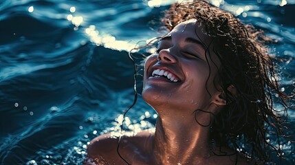 A relaxed shot where the model is captured mid-laugh, giving a carefree vibe against a calming deep blue background