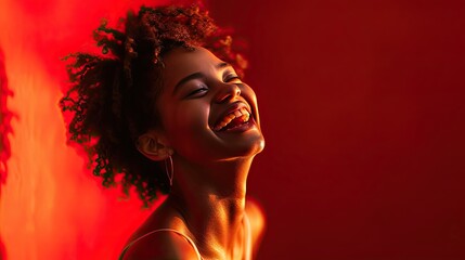 A model laughing heartily, with her head tilted back slightly, showcasing genuine joy against a vibrant red background