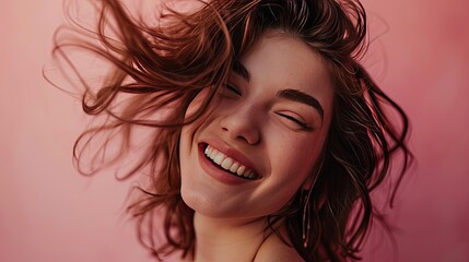 The model is photographed in mid-laugh, brushing hair away from her face, against a soft rose-colored background