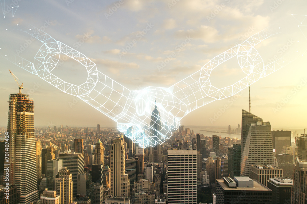 Poster abstract virtual blockchain technology hologram with handshake on new york city skyline background. 