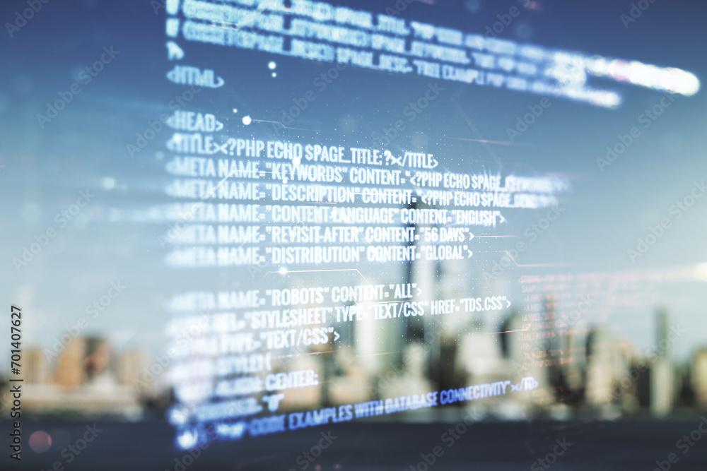 Poster multi exposure of abstract graphic coding sketch on blurry skyscrapers background, big data and netw