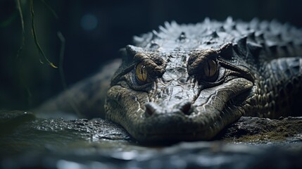 Fototapeta premium Close-up of an angry crocodile's face. A toothy alligator in monochrome style. Animal in the habitat. Illustration for cover, card, postcard, interior design, banner, poster, brochure or presentation.