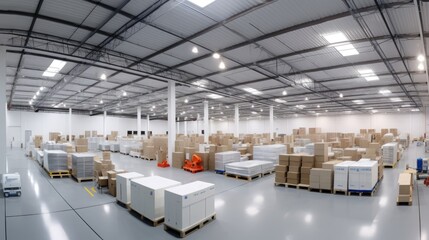 A large warehouse with numerous items. Rows of shelves with boxes.  Logistics. Inventory control, order fulfillment or space optimization. Illustration for advertising, marketing or presentation.