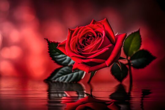 an enchanting macro capture of a vibrant red rose flower set against a beautifully blurred natural background. The flawless lighting creates a super realistic image, showcasing the intricate details 