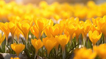 Close-up of vibrant yellow crocus flowers basking in the warm, soft light of the sun, symbolizing the arrival of spring.