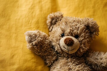 A brown teddy bear with a smile on a yellow blanket. Generative AI