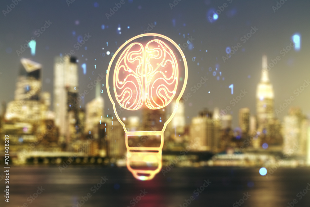 Poster abstract virtual creative light bulb with human brain hologram on blurry office buildings background