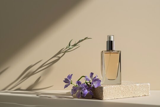 A bottle of perfume with a purple flower in front of it. Generative AI