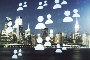 Abstract virtual social network concept on New York city skyline background. Multiexposure