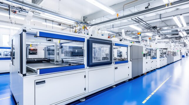 New clean shop for the production of high-tech products (semiconductors, microchips, etc.). Illustration for cover, card, postcard, interior design, banner, poster, brochure or presentation.