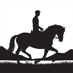 Celestial Canter: Silhouetted Rider and Horse in the Night's Enigmatic Dance - Man riding horse stock vector - Black vector horse riding Silhouette
