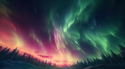 Fototapeta premium Northern Lights in the night over the winter forest. Night winter landscape with aurora and pine tree forest. The beauty of nature. Natural phenomenon. Illustration for cover, card, interior design.