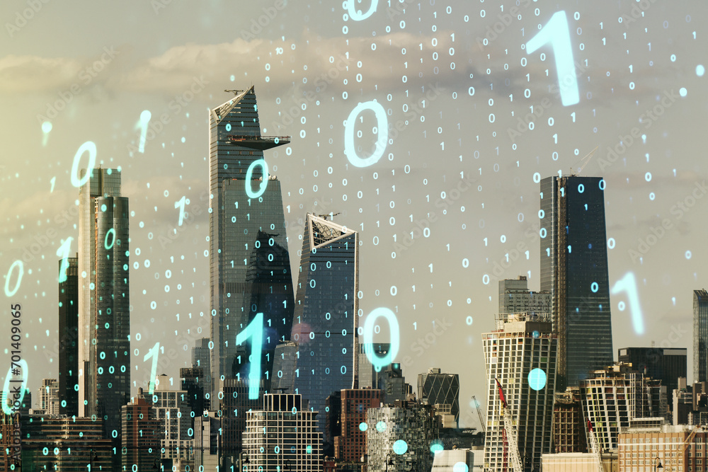 Leinwandbilder abstract virtual binary code sketch on manhattan office buildings background, hacking and matrix con