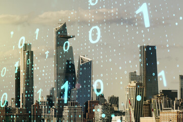Abstract virtual binary code sketch on Manhattan office buildings background, hacking and matrix...