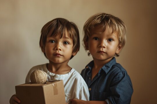 Two young boys standing next to each other and holding a box Generative AI