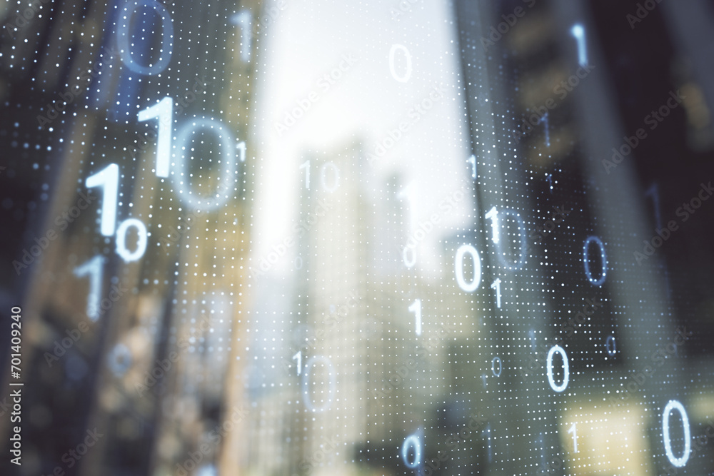 Aufkleber Abstract virtual binary code hologram on modern architecture background, AI and machine learning concept. Multiexposure