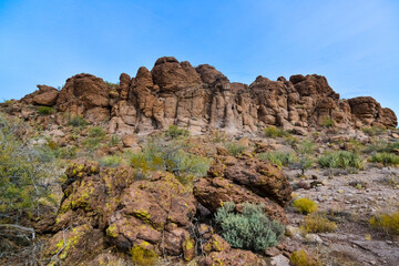 Fototapeta premium Mountain erosion formations of red mountain sandstones, Desert landscape with cacti, Arizona