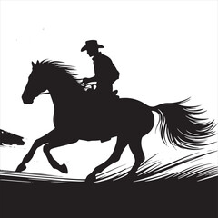 Nocturnal Horse Rider: Darkened Silhouette of Rider and Steed in Moonlight - Man riding horse stock vector - Black vector horse riding Silhouette
