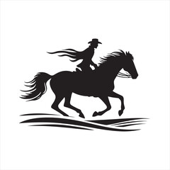 Dynamic Horseback Ride: Silhouetted Equestrian Motion in Night's Embrace - Man riding horse stock vector - Black vector horse riding Silhouette
