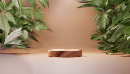 wooden podium background wall brown, natural plants, 3d rendering, with make ai art