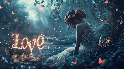 Beautiful woman in fairy forest with love word