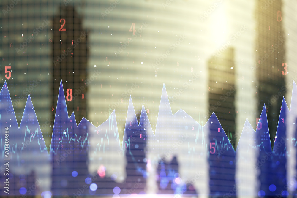 Poster multi exposure of abstract statistics data hologram interface on blurry cityscape background, comput