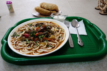Lagman soup traditional Turkic dish served at a cafe in Russia