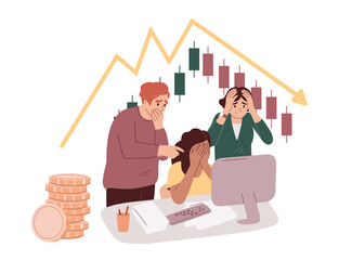 Stressed traders looking at the shares drop chart. Decrease fall of shares market. Brokers fail. Bankruptcy concept. Stock investment vector.