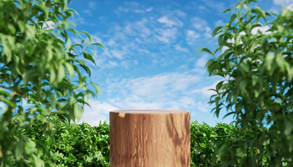 Fototapeta na wymiar Summer product display wood podium with nature leaves with blue sky, ai art