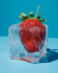 Red strawberry with on ice on a blue background. 