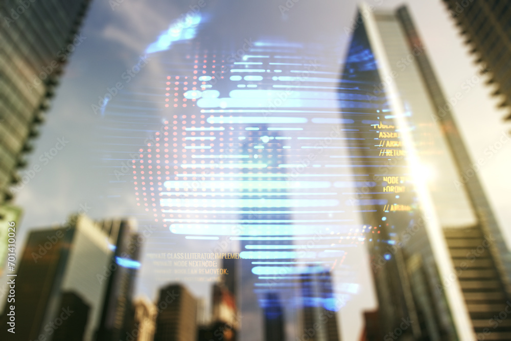Poster abstract virtual coding illustration and world map on modern architecture background, international 