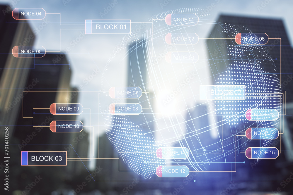 Fototapete multi exposure of abstract creative coding sketch and world map on office buildings background, arti
