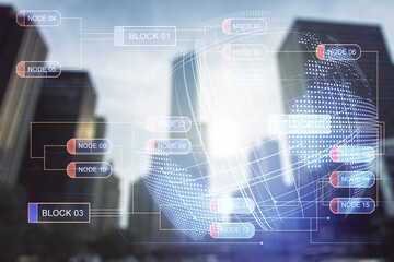 Multi exposure of abstract creative coding sketch and world map on office buildings background, artificial intelligence and neural networks concept