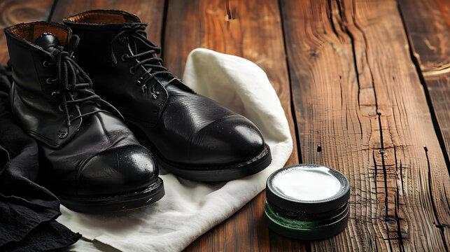 Black leather boots with shoe polish and rag on wooden background. Shoes care