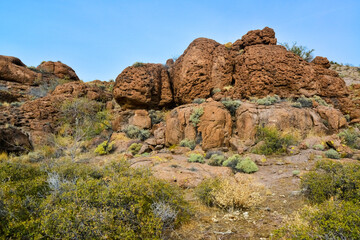 Mountain erosion formations of red mountain sandstones, Desert landscape with cacti, Arizona