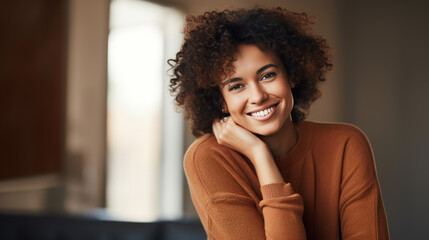 Fototapeta na wymiar Smiling woman with curly hair in a warmly lit room