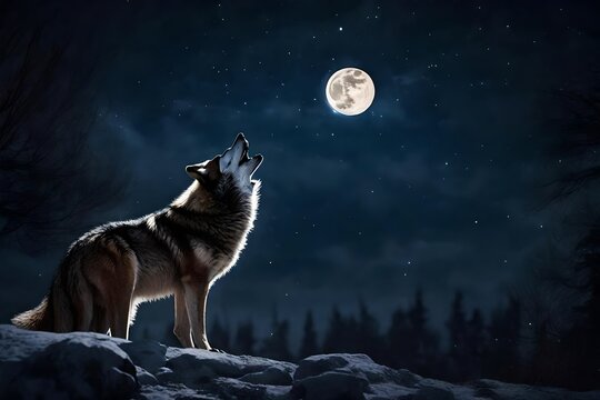 Photograph a solitary wolf howling beneath the moonlit night sky.