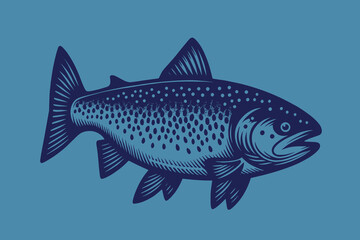 Salmon. Beautiful vintage engraving icon, logo. Retro style. Vector illustration.  Blue