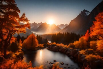 Amidst the golden embrace of Autumn, imagine the majestic mountains at sunrise, their peaks adorned with vibrant foliage