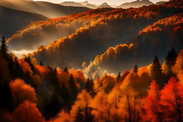 Amidst the golden embrace of Autumn, imagine the majestic mountains at sunrise, their peaks adorned with vibrant foliage