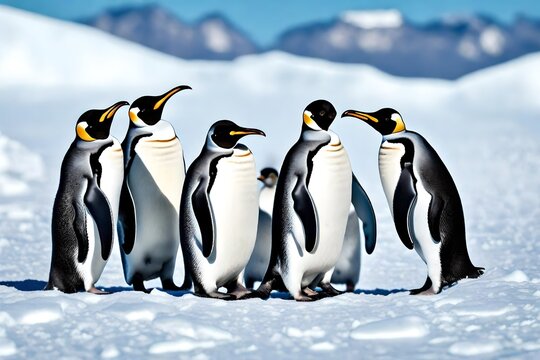 Frame an image featuring a family of penguins huddling together in icy terrain.