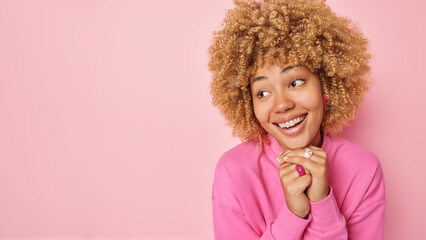 People positive emotions concept. Indoor waist up of young cute happy smiling African american...