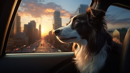 A dog's sense of wonder as it watches the changing cityscape from the car's sunroof. - obrazy, fototapety, plakaty