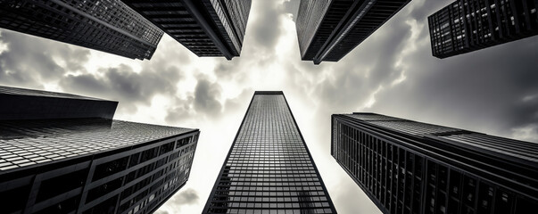 Bottom view of the skyscraper in black and white photo.