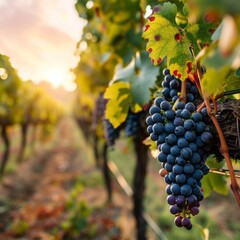 Black Grapes on Vineyards Background at a Winery on Sunset