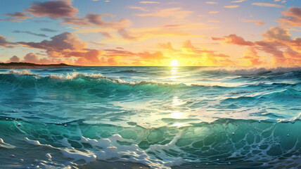 Fototapeta na wymiar Oceanic Sunrise Dive, Photorealistic Waves in Light Cyan