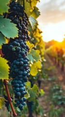 Naklejka premium Black Grapes on Vineyards Background at a Winery on Sunset
