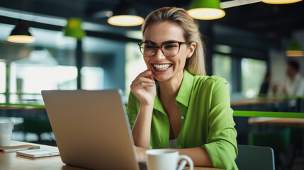 Cheerful professional woman wearing glasses and a green blouse is sitting at a desk with a laptop and holding coffee cup