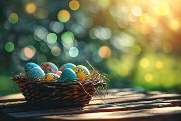 Colorful Easter Eggs in Rustic Basket - obrazy, fototapety, plakaty